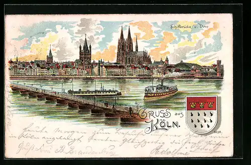 Lithographie Köln, Panorama mit Schiffbrücke und Dom, Wappen