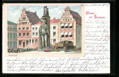 Lithographie Bremen, Marktgeschehen und Rolandsäule