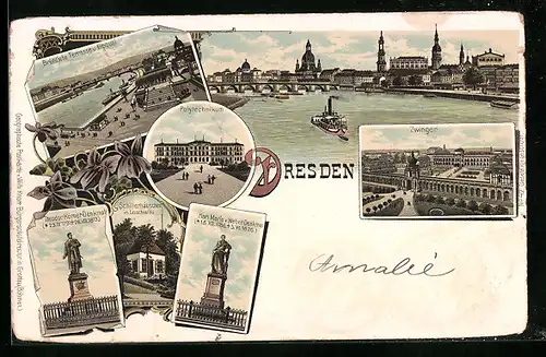 Lithographie Dresden, Brühl`sche Terrasse und Elbquai, Zwinger, Schillerhäuschen in Loschwitz