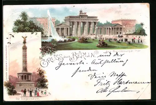 Lithographie Berlin, Das Brandenburger Tor, Die Siegessäule