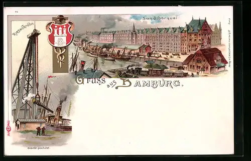 Lithographie Hamburg, Sandtorquai, Riesenkran, Wappen