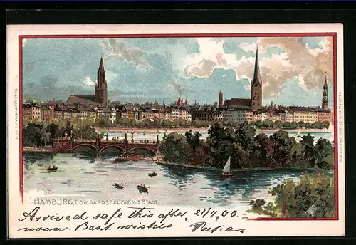 Lithographie Hamburg-Neustadt, Lombardsbrücke mit Teilansicht