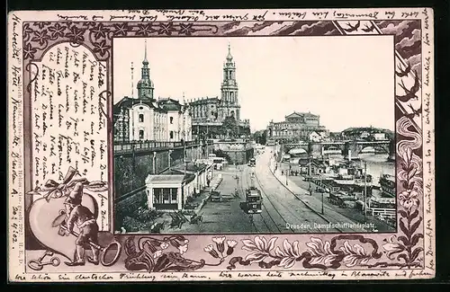 AK Dresden, Dampfschifflandeplatz mit Strassenbahn
