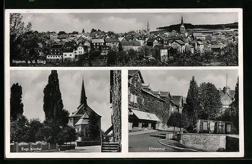 AK Hamm a. d. Sieg, Teilansicht, Evangelische Kirche, Ehrenmal