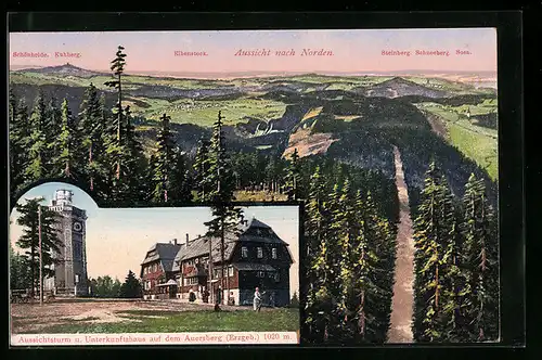 AK Wildenthal, Gasthaus Auersberg und Aussichtsturm, Panorama