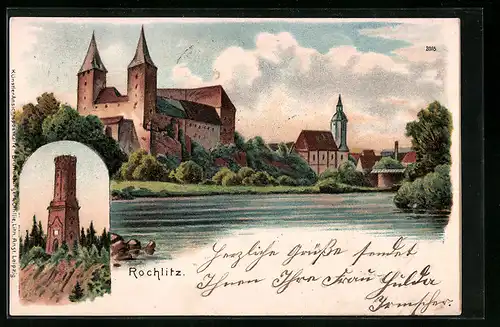 Lithographie Rochlitz, Blick zum Schloss, Turm