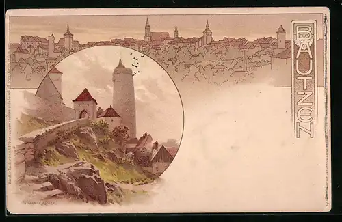 Lithographie Bautzen, Teilansicht, Ortspartie mit Turm
