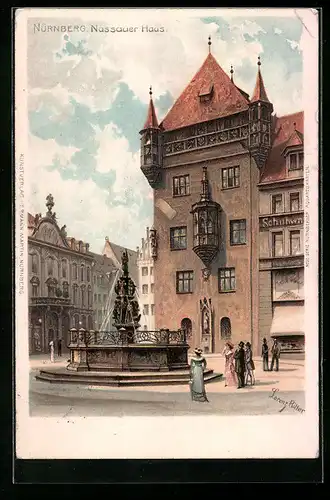 Lithographie Nürnberg, Nassauer Haus mit Brunnen