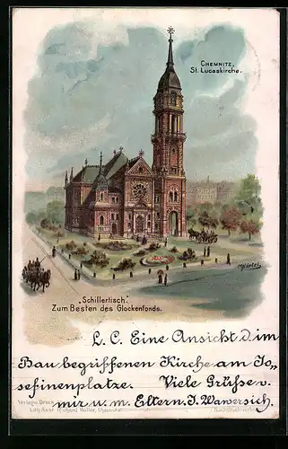 Lithographie Chemnitz, St. Lucaskirche, Schillertisch zum Besten des Glockenfonds