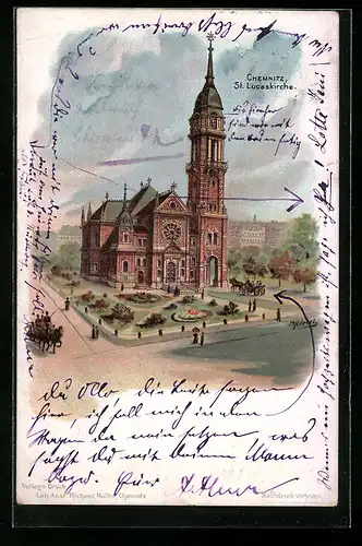 Lithographie Chemnitz, St. Lucaskirche, Schillertisch zum Besten des Glockenfonds