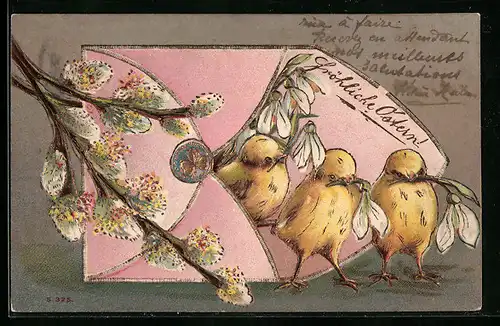Foto-AK Fröhliche Ostern, Osterküken klettern aus Briefumschlag