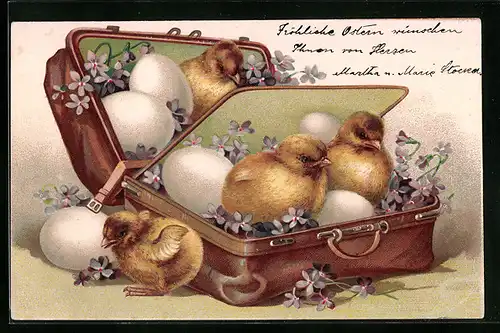 AK Osterküken und Eier in einer Reisetasche