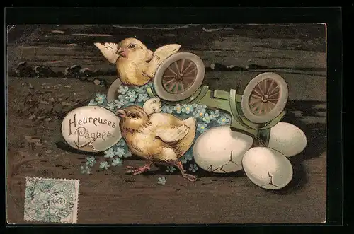 AK Osterküken mit umgekipptem Auto voller Vergissmeinnicht und Eiern