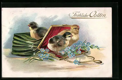 AK Osterküken sitzen in der Tasche mit Vergissmeinnicht