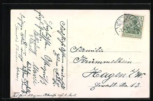 AK Osterküken sitzen in der Tasche mit Vergissmeinnicht