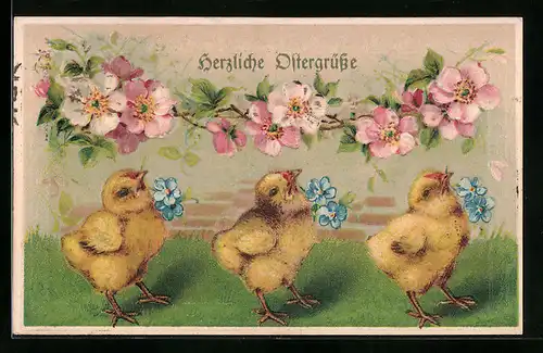 AK Osterküken mit Blütenzweigen, Ostergruss