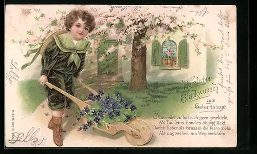 Lithographie Junge mit einer Schubkarre voller Veilchen zum Geburtstag
