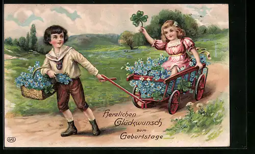 AK Kinderpaar mit einem Blumenwagen, Glückwunsch zum Geburtstag
