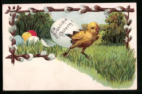 AK Fröhliches Osterküken beim Schlüpfen