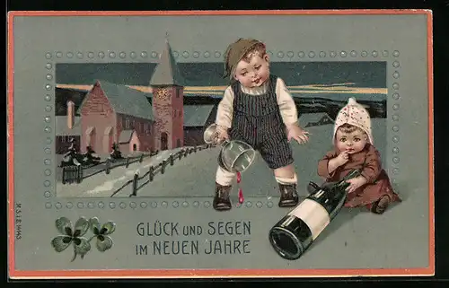 AK Kleinkinder mit Weinflasche und Kleeblatt, Neujahr