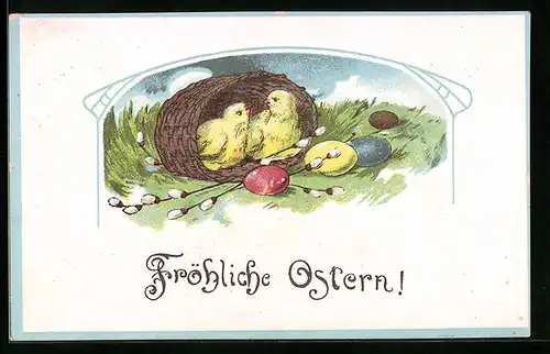 AK Osterküken im Korb, Eier und Palmkätzchenzweige