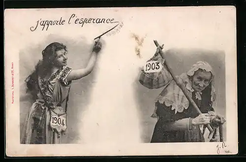 AK J`apporte l`esperance, Junge Frau 1902, Alte Frau 1901