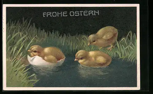 AK Schwimmende Osterküken in einer Pfütze