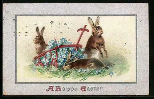 AK Osterhasen mit Karre voller Vergissmeinnicht