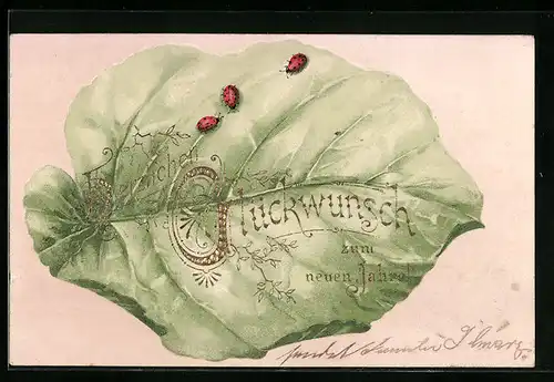 AK Blatt mit Marienkäfern zu Neujahr