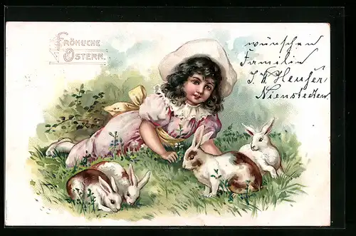 AK Mädchen mit Osterhasen auf der Wiese