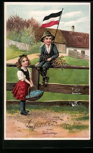 AK Herzlichen Glückwunsch zum Geburtstag, Kinder mit Blumen am Zaun