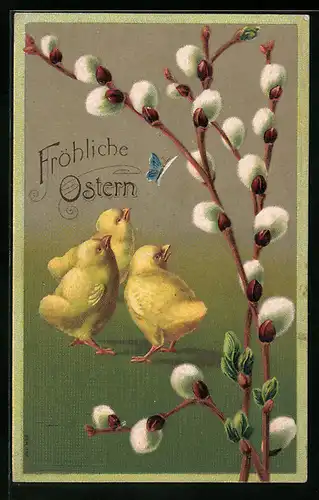AK Osterküken blicken erstaunt zu einem Schmetterling, Weidenkätzchenzweig
