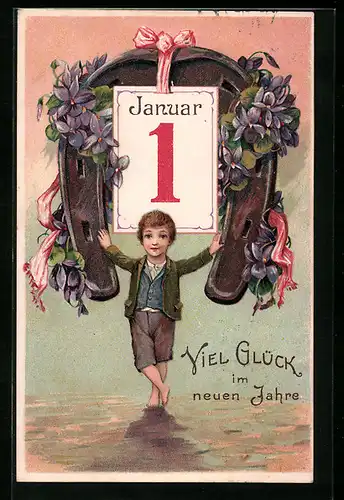 AK Junge mit Hufeisen und Veilchen