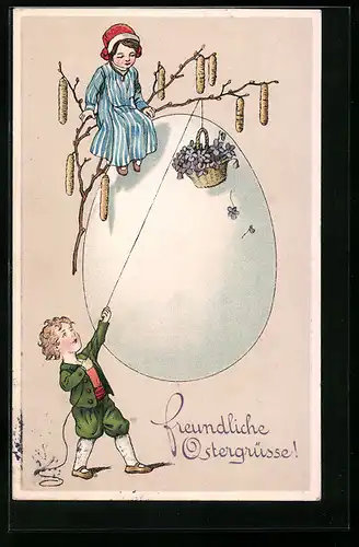 AK Kinder mit Osterei und Korb voller Veilchen