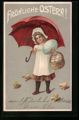 AK Mädchen mit Schirm und Osterküken