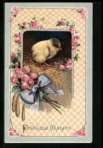 AK Frohes Osterfest, Osterküken im Strohnest mit Blumen