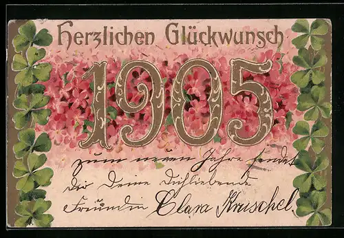 Lithographie Herzlichen Glückwunsch, Jahreszahl 1905, Kleeblätter