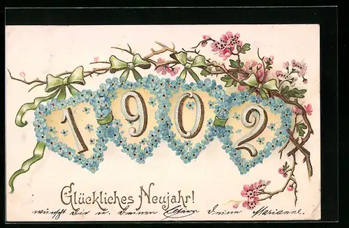 Lithographie Glückliches Neujahr!, Jahreszahl 1902 in Vergissmeinnicht-Herzen