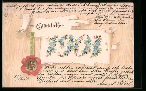 AK Jahreszahl 1901 auf Schriftrolle mit Klee-Siegel vor holzähnlichem Hintergrund