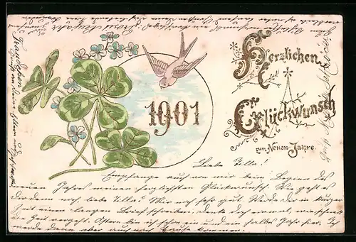 AK Schwalbe mit Kleeblättern, Glückwunsch, Jahreszahl 1901