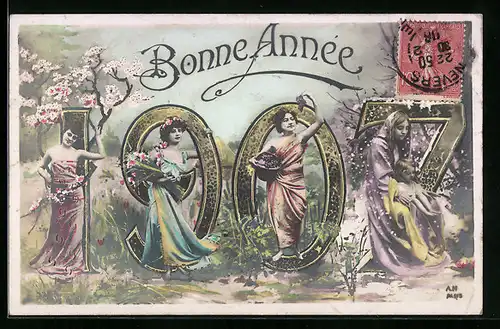 AK Bonne Année, Damen begrüssen das Neujahr 1907