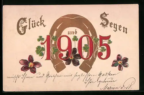 AK Jahreszahl 1905 auf Hufeisen mit Klee und Blüten