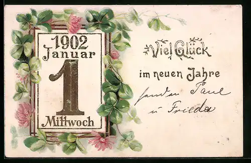 AK Viel Glück im neuen Jahre, Jahreszahl 1902 mit Kleeblättern