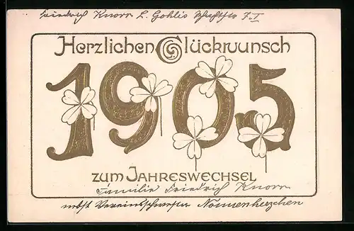 AK Herzlichen Glückwunsch zum Jahreswechsel 1905 mit Kleeblättern