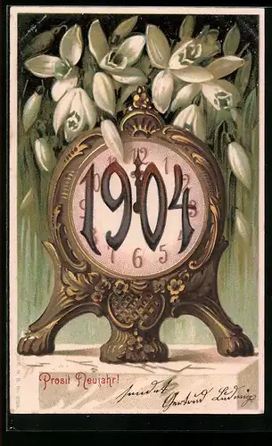 AK Prosit Neujahr 1904 mit Standuhr und Blumen