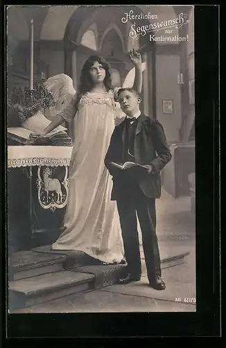 AK Schutzengel neben Jungen zur Konfirmation