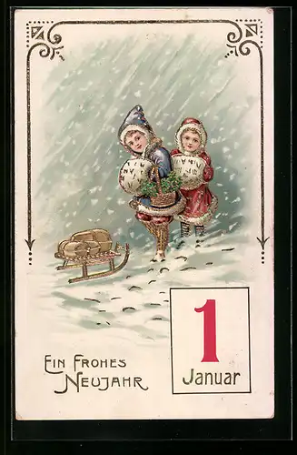 AK Kinder im Schnee mit Muff zu Neujahr