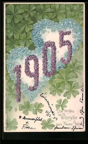 AK Jahreszahl 1905 aus Veilchen mit Herzen aus Vergissmeinnicht