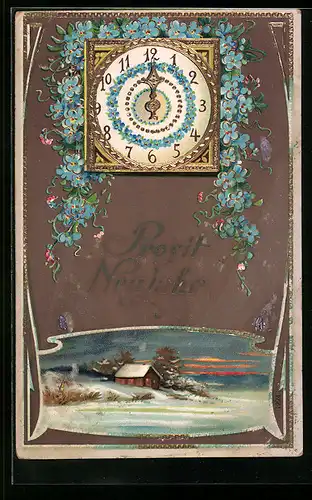 AK Wanduhr zu Mitternacht, Prosit Neujahr