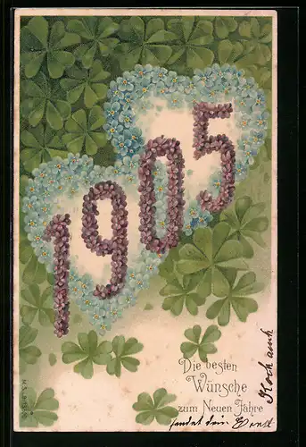 AK Jahreszahl 1905 aus Veilchen mit Herzen aus Vergissmeinnicht
